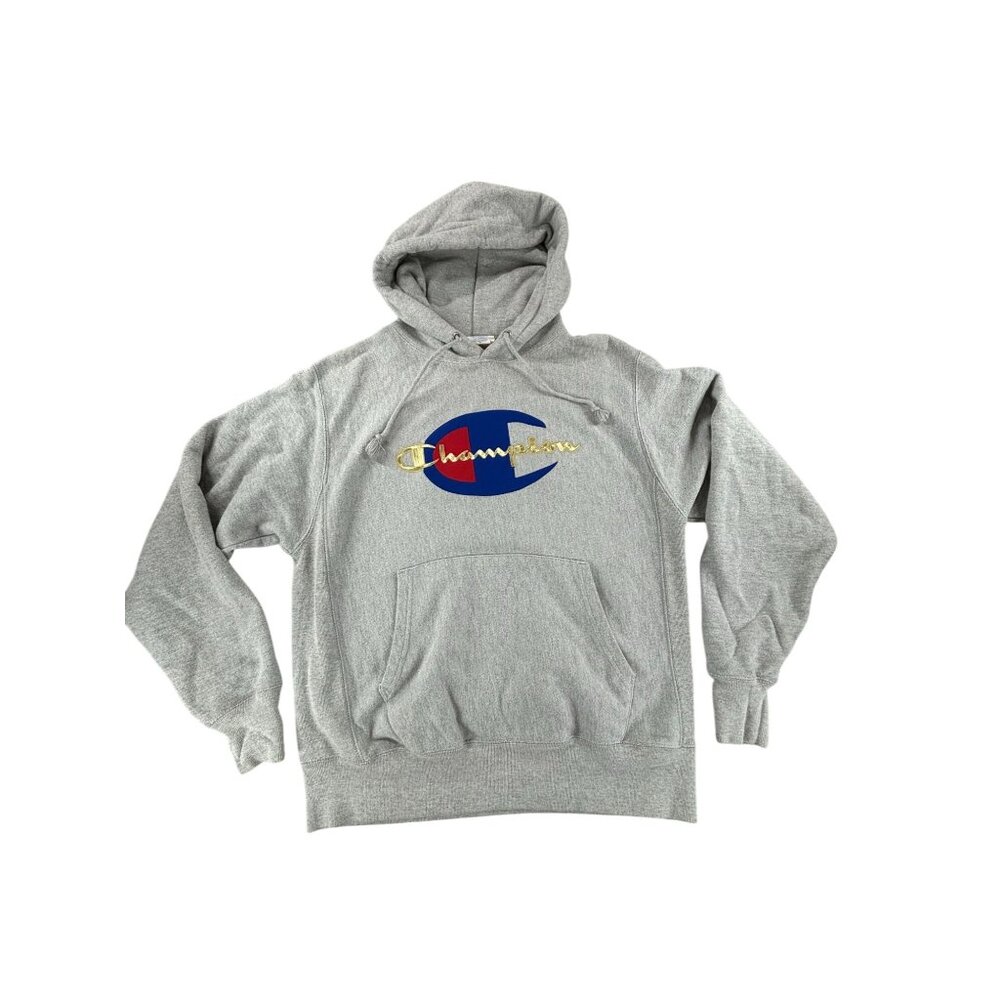 Champion Reverse Weave Hoodie Sweatshirt Medium Gray Embroidered Kangaroo Pocket